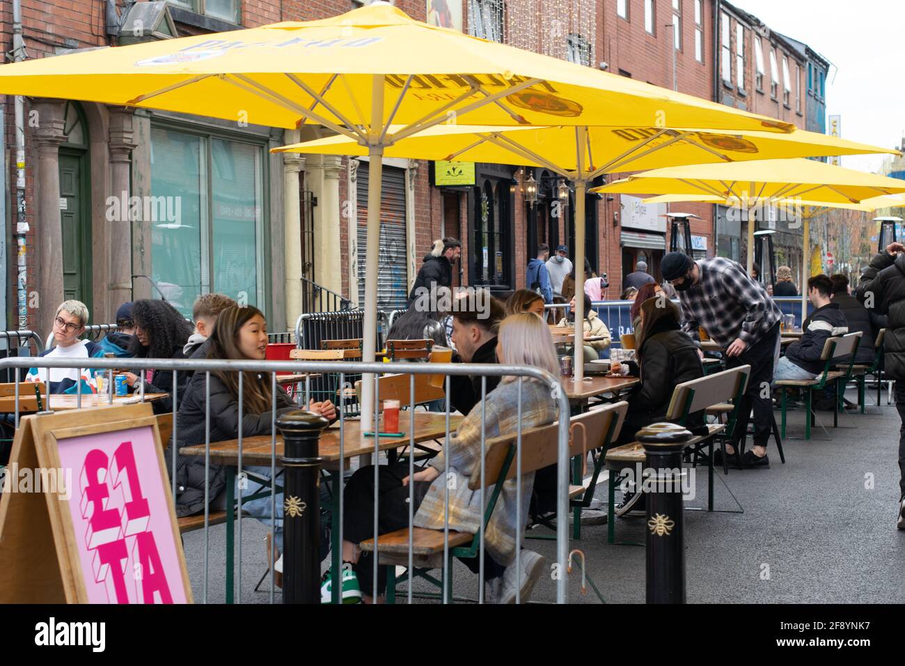 Pavement dining after easing of lockdown restrictions in England, Northern Quarter, Manchester, UK Stock Photo