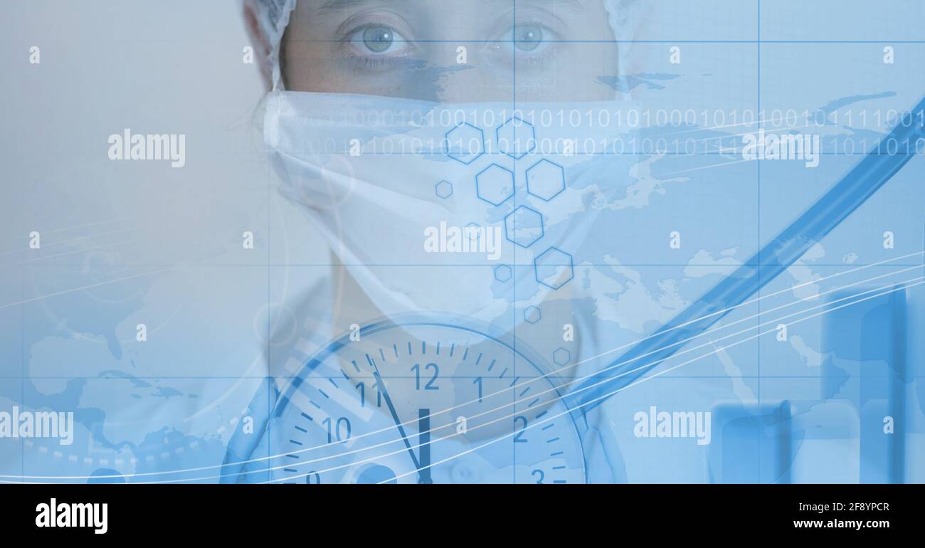 Computer code, clock, and map over a medical worker, coronavirus and ...