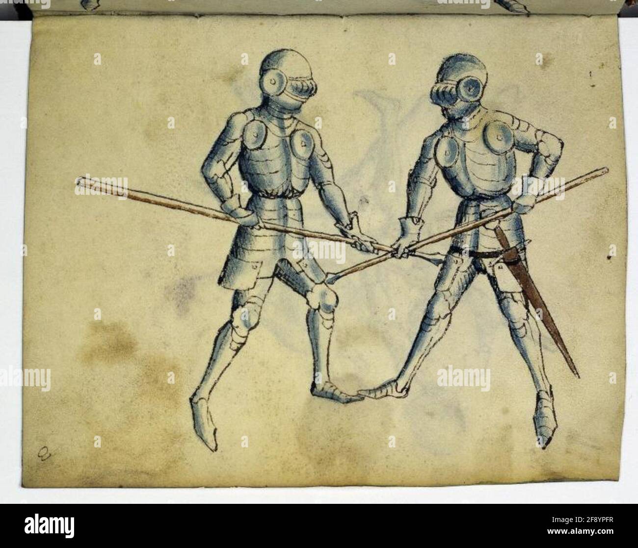 Cod. 11093, fol. 3r: Book on Swordsmanship and Wrestling Full page: fencing scene; pen and brush drawing, Southwestern Germany, mid-15th c. Stock Photo