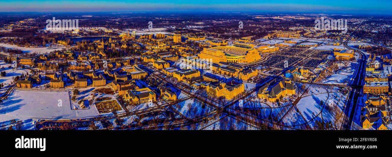 Aerial view of Notre Dame University in winter, South Bend, Indiana, USA Stock Photo
