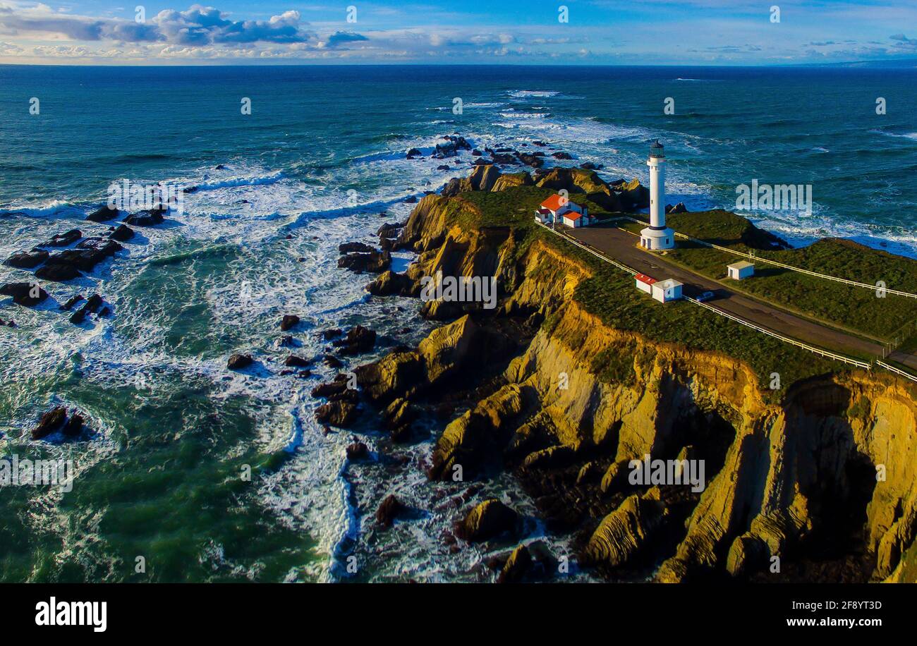 Aerial view of Point Arena Light overlooking vast sea, Point Arena, California, USA Stock Photo