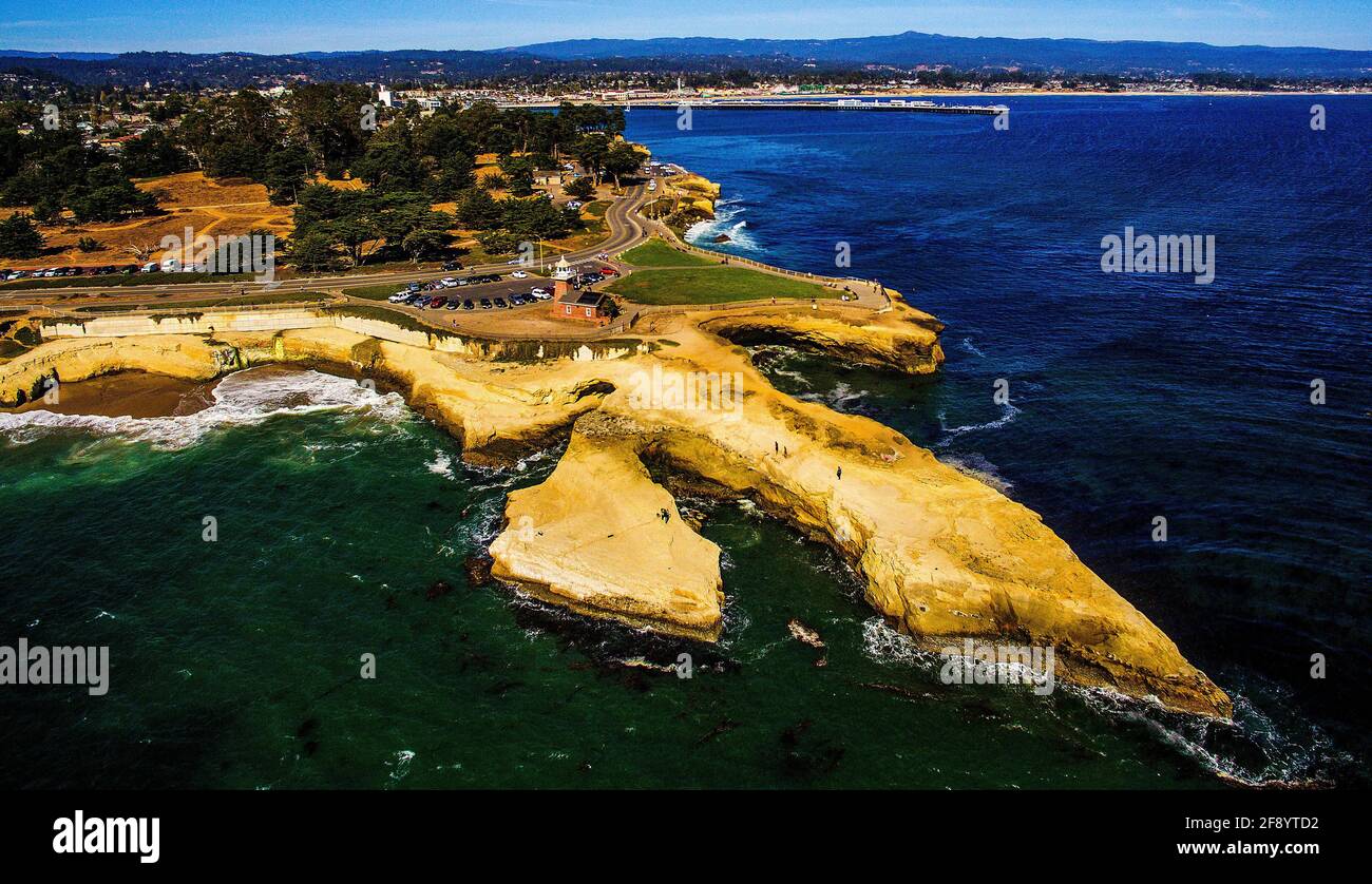 Aerial view of coastline with San Jose Lighthouse and Surf Museum, San Jose, California, USA Stock Photo