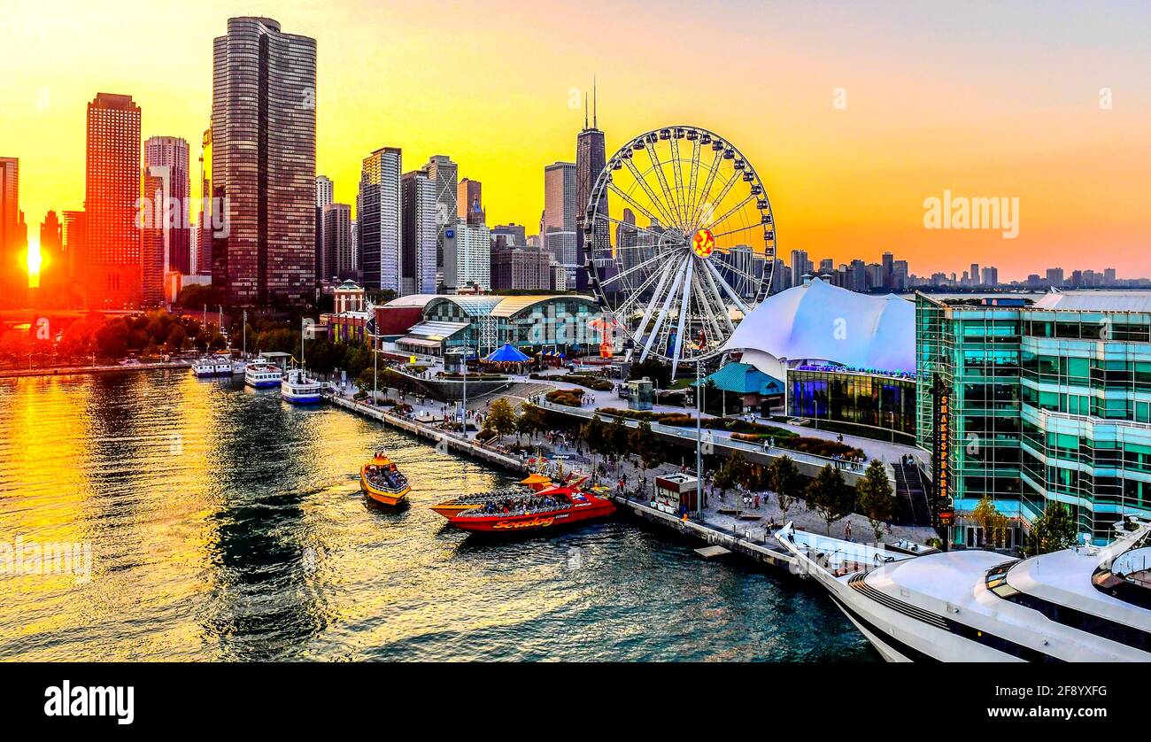 Navy Pier with Ferris wheel at sunset, Chicago, Illinois, USA Stock Photo