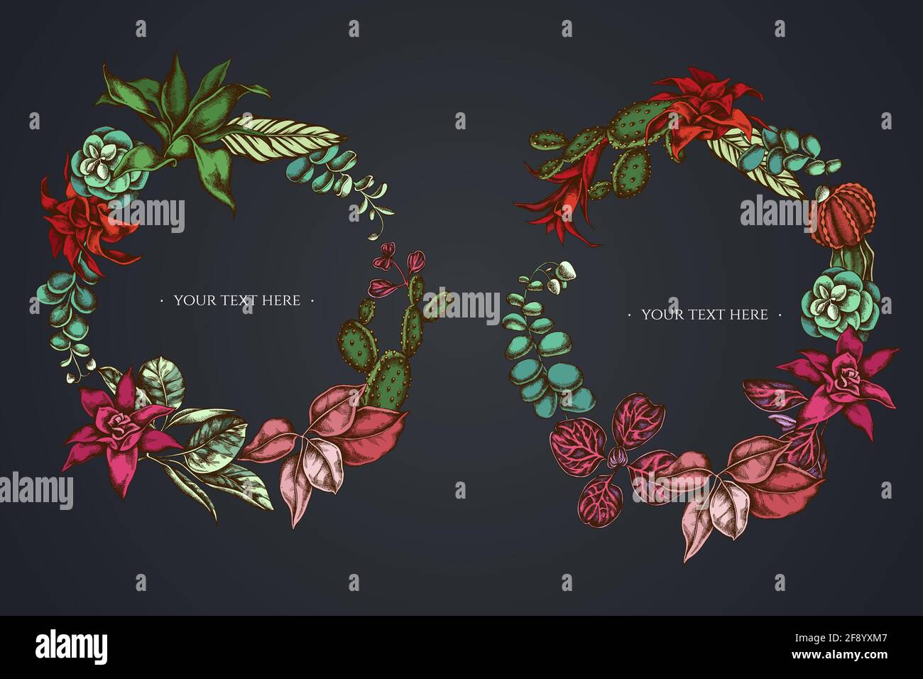 Dark Floral Wreath of ficus, iresine, kalanchoe, calathea, guzmania, cactus Stock Vector
