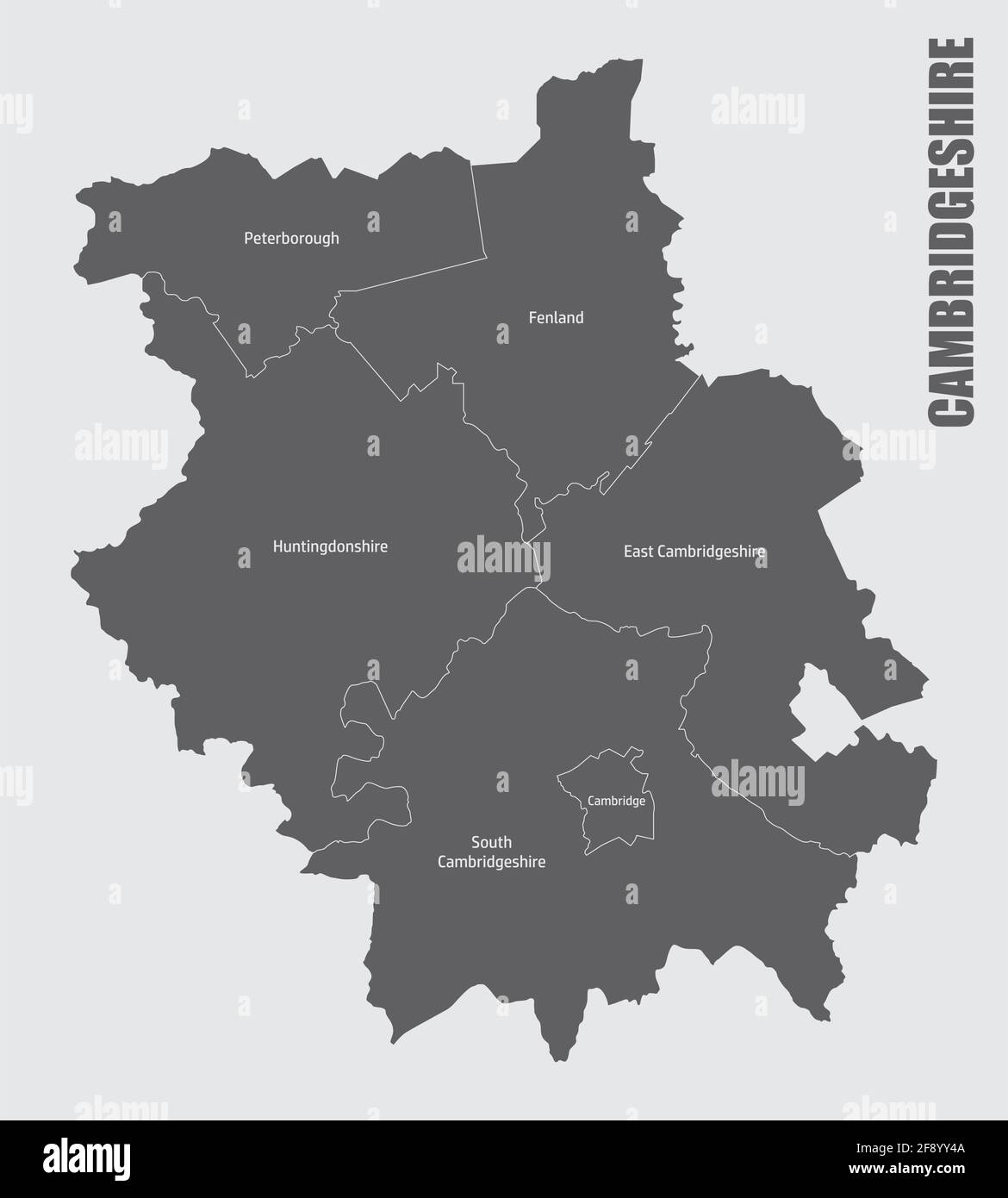 The Cambridgeshire county isolated map divided in districts with labels ...