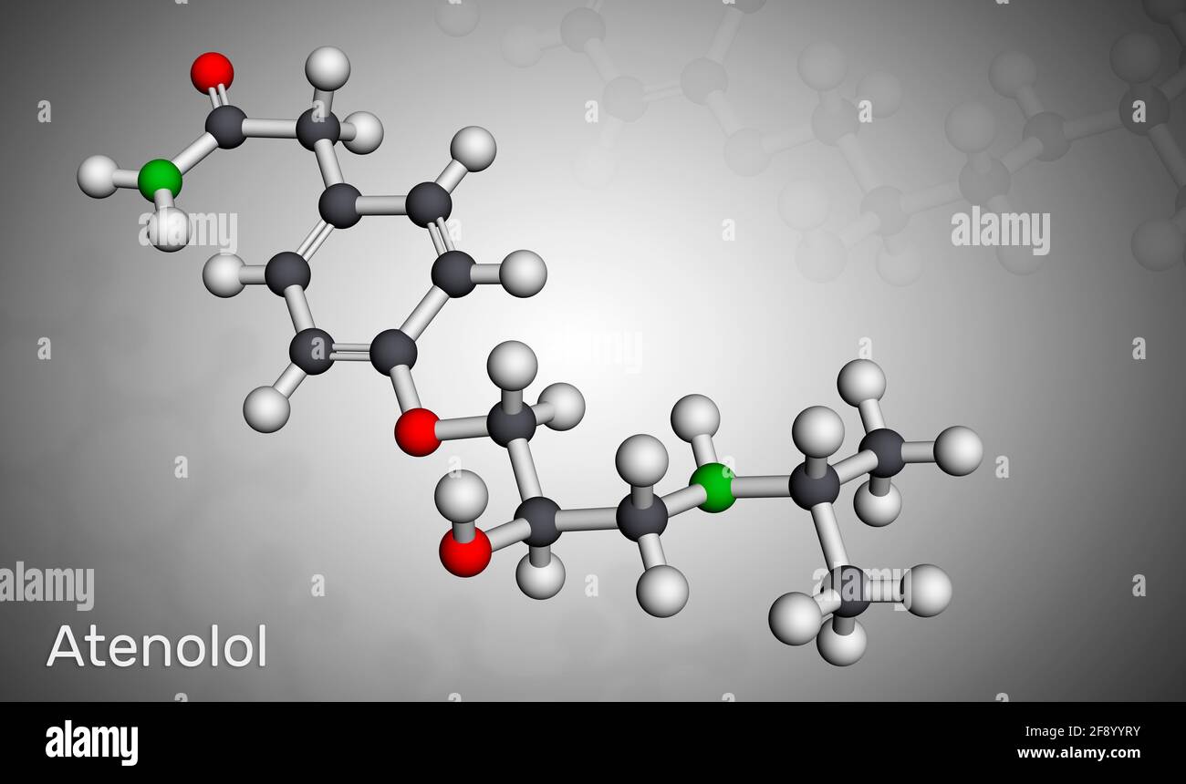 Atenolol cardioselective beta-blocker molecule. It is antihypertensive, hypotensive and antiarrhythmic drug. Molecular model. 3D rendering. 3D illustr Stock Photo