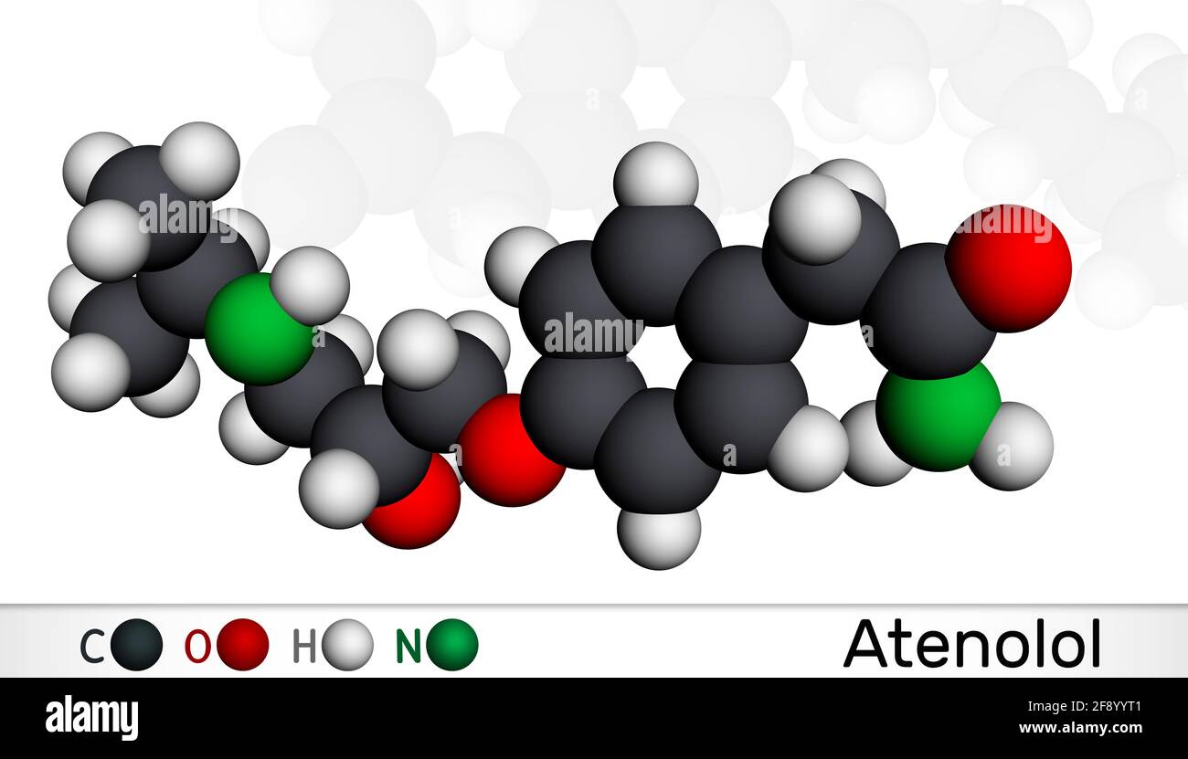 Atenolol cardioselective beta-blocker molecule. It is antihypertensive, hypotensive and antiarrhythmic drug. Molecular model. 3D rendering. 3D illustr Stock Photo