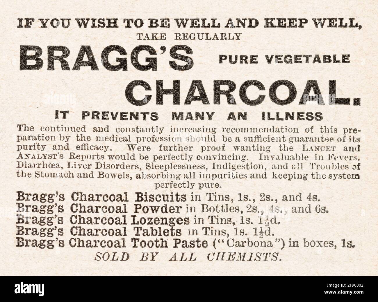Old Bragg's Charcoal medical advert from 1902 - pre advertising standards. History of medical advertising, old healthcare adverts, snake oil cures. Stock Photo