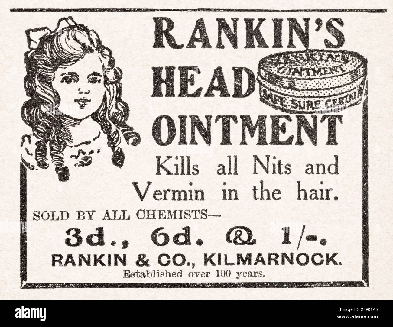 Old vintage Rankin's Head Ointment advert from 1912. Pre advertising standards. History of medical advertising, old healthcare adverts, head lice cure Stock Photo