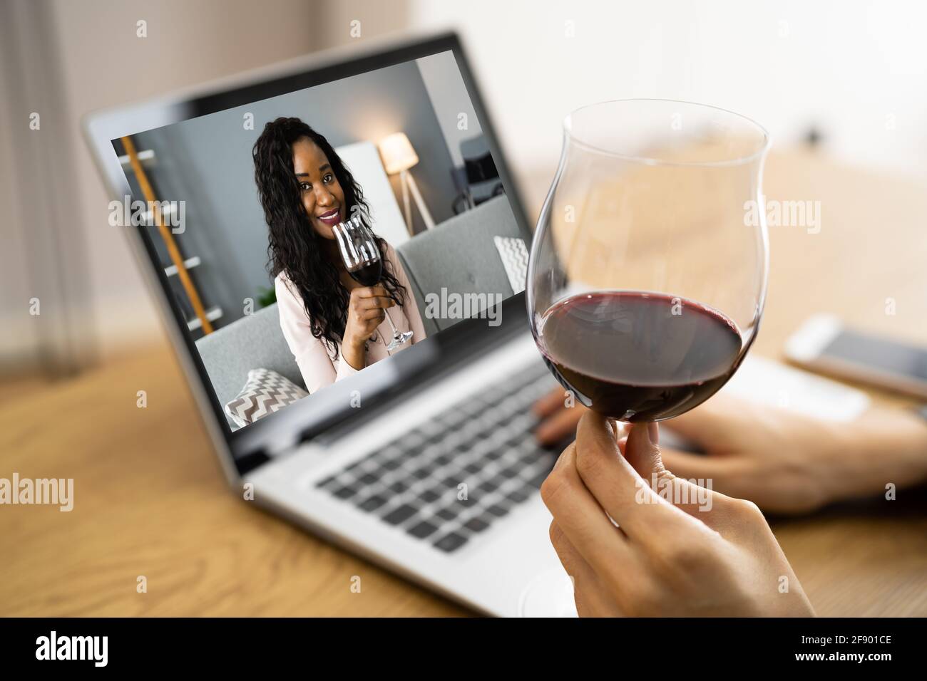 Online Virtual Wine Tasting Video Call With Friends Stock Photo