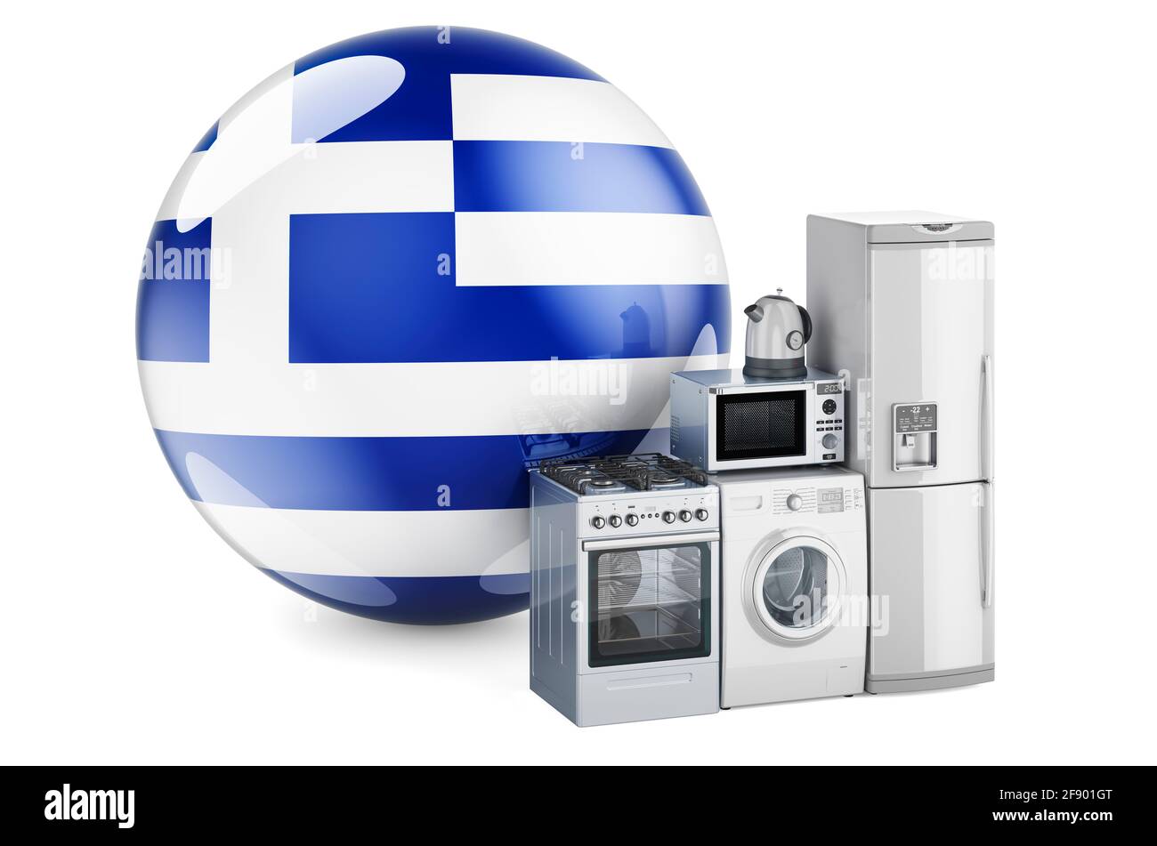 Kitchen and household appliances with Greek flag. Production, shopping and delivery of home appliances in Greece concept. 3D rendering isolated on whi Stock Photo