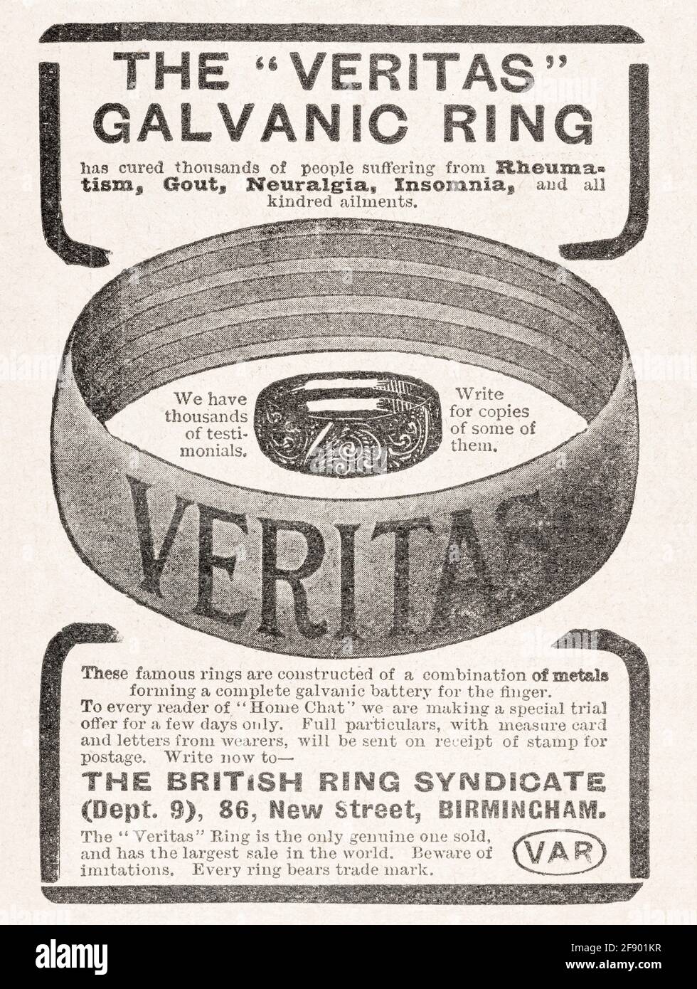 Old Victorian magazine Veritas ring anti-rheumatism advert from 1907 - pre advertising standards. History of medical advertising, alternative cures. Stock Photo