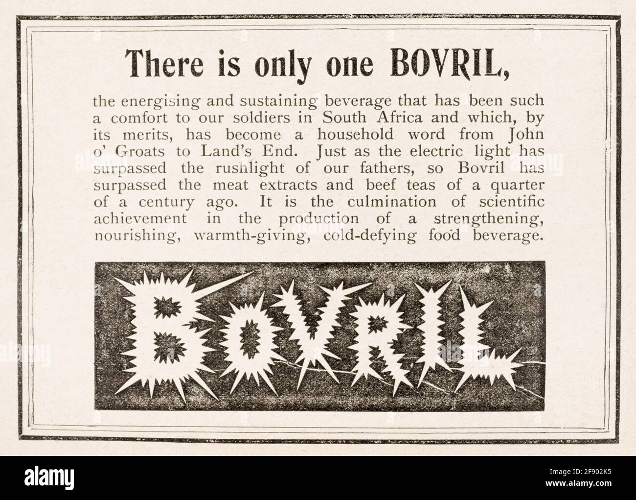Old vintage Victorian newsprint food Bovril advert from 1901 - pre advertising standards. Old Victorian food advertising, old food product adverts. Stock Photo