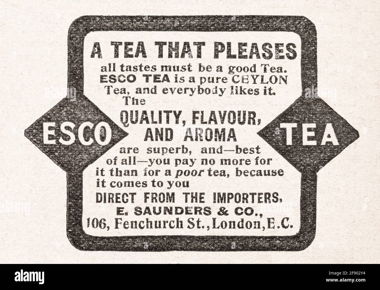 Old vintage Victorian magazine Esco Ceylon Tea advert from 1902 - pre advertising standards. For forgotten food brands. Stock Photo
