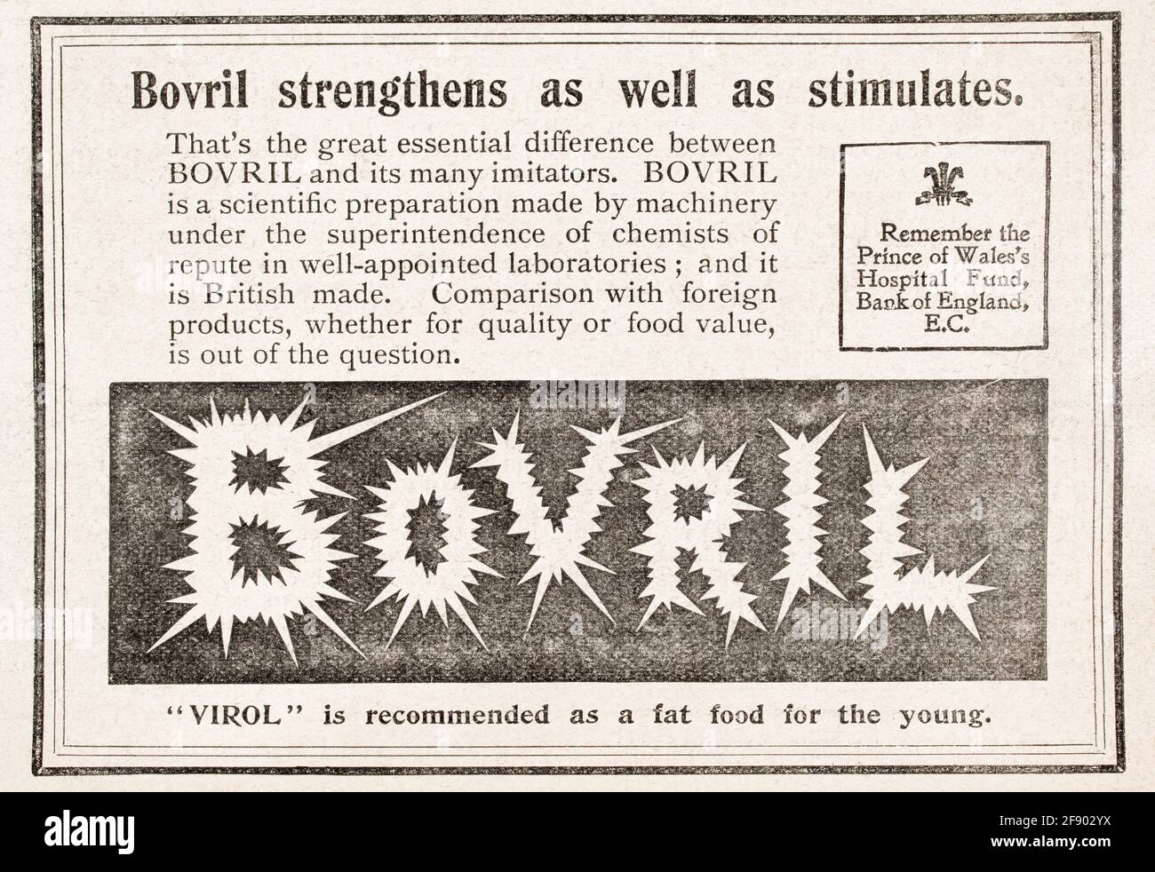 Old vintage Victorian newsprint food Bovril advert from 1902 - pre advertising standards. Old Victorian food advertising, old food product adverts. Stock Photo