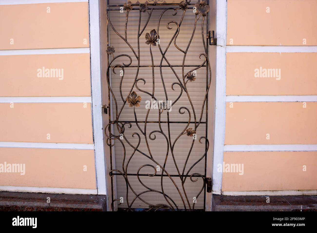 Decorative elements of buildings, old cast-iron wrought-iron grilles on doors and gates. Stock Photo