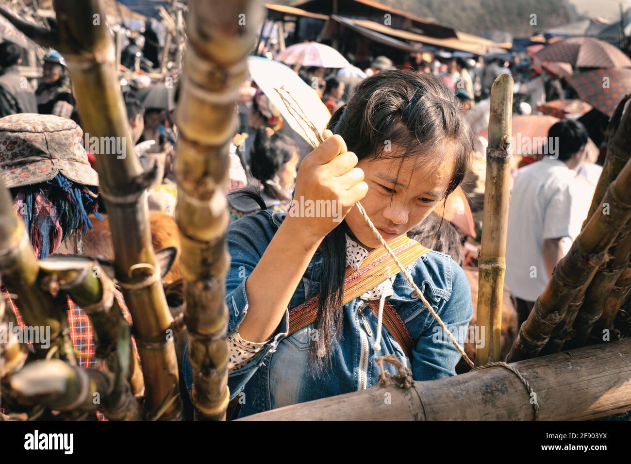 Bac Ha, Vietnam - April 4, 2016: Young Hmong tribe girl make traditional crafts at Can Cau Saturday market in Vietnam Stock Photo