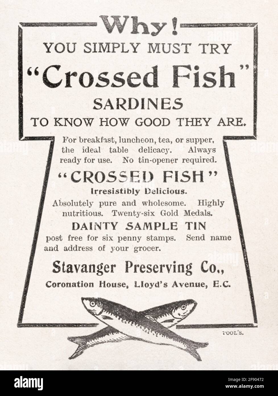 Old vintage Victorian tinned sardines magazine advert from 1907 - pre advertising standards. Old food Victorian advertising, old food product adverts Stock Photo