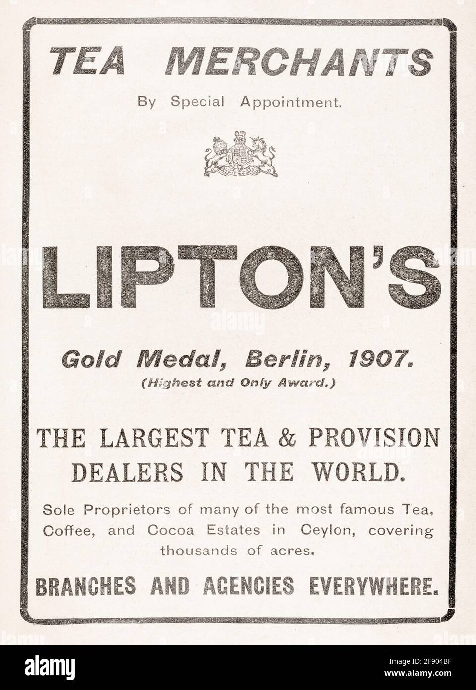 Old vintage Victorian newsprint Lipton's Tea advert from 1907 - pre advertising standards. Old beverage advertising, old tea brand names, tea business Stock Photo