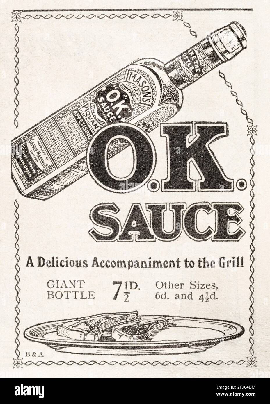 Old vintage Edwardian Mason''s OK Sauce magazine advert from 1911 pre
