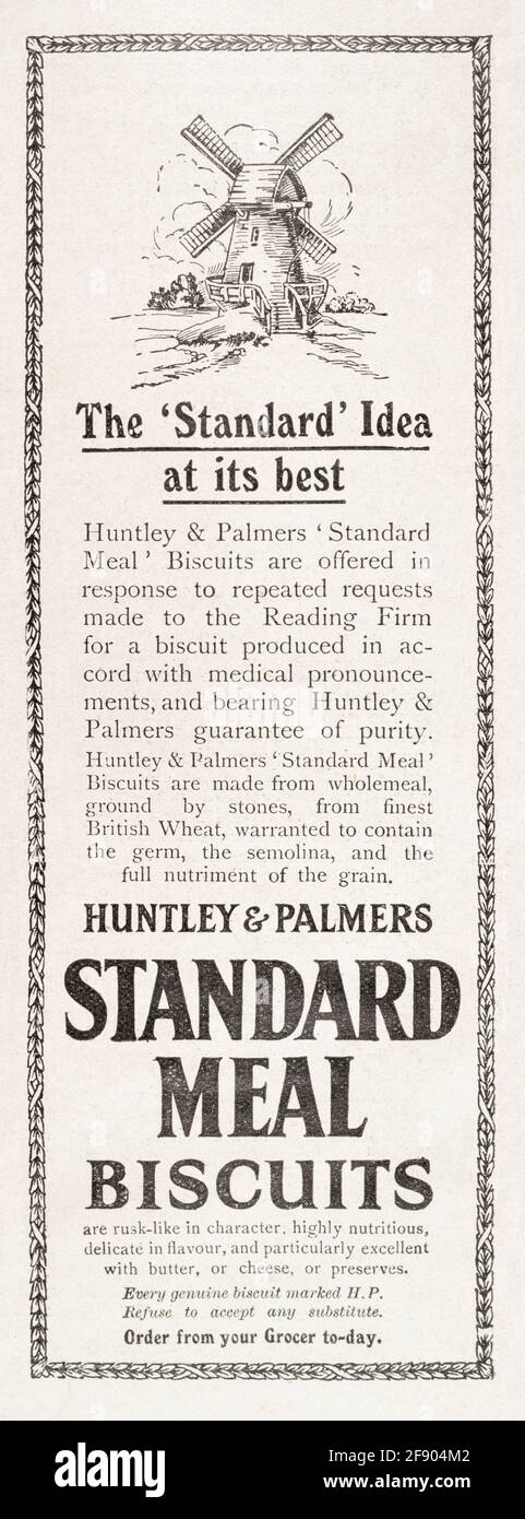 Old vintage Edwardian magazine newsprint Huntley & Palmers biscuit advert from 1911 - pre advertising standards. History of advertising. Stock Photo
