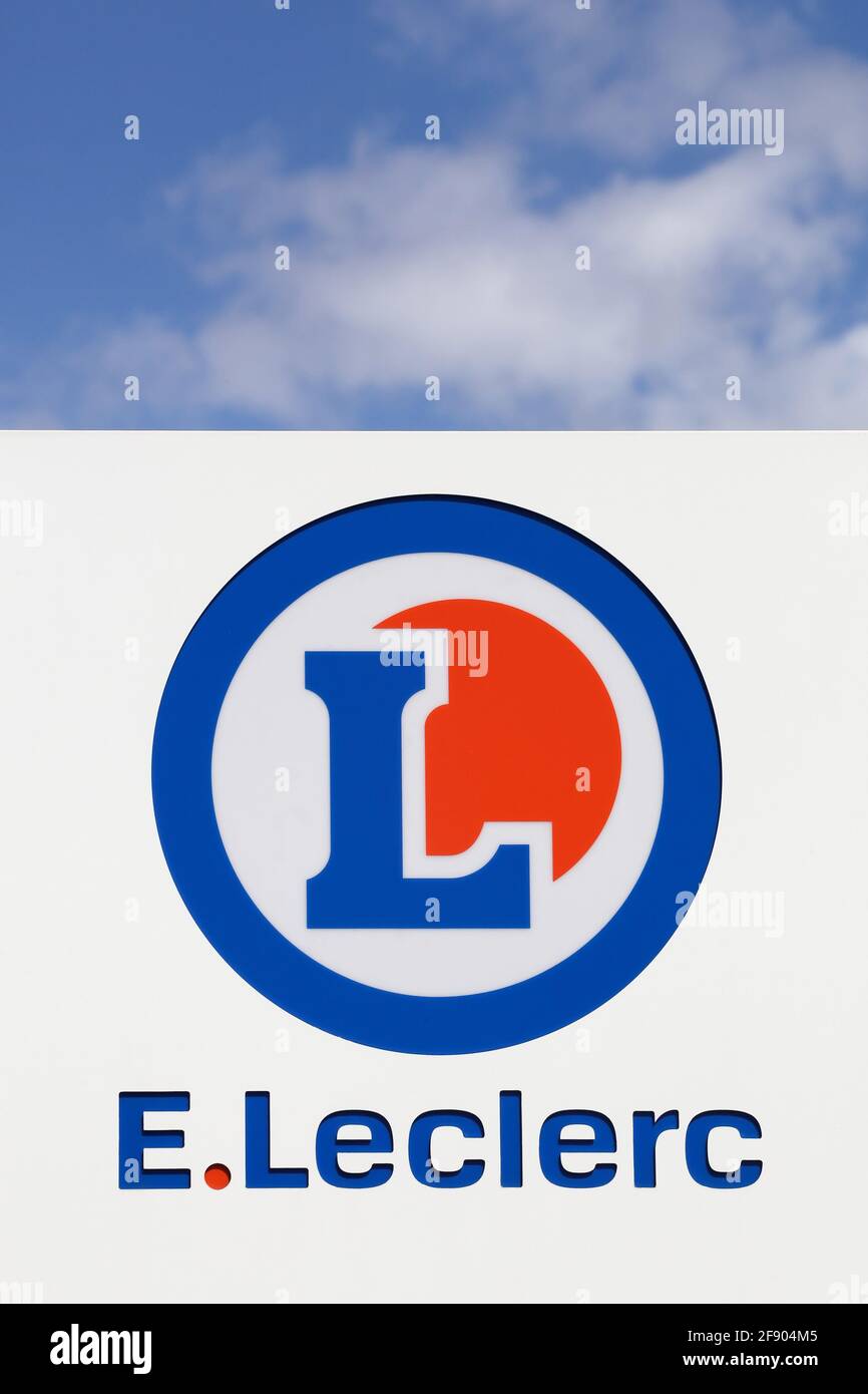 Civrieux, France - August 9, 2019: Leclerc logo on a facade. Leclerc is a french hypermarket chain Stock Photo