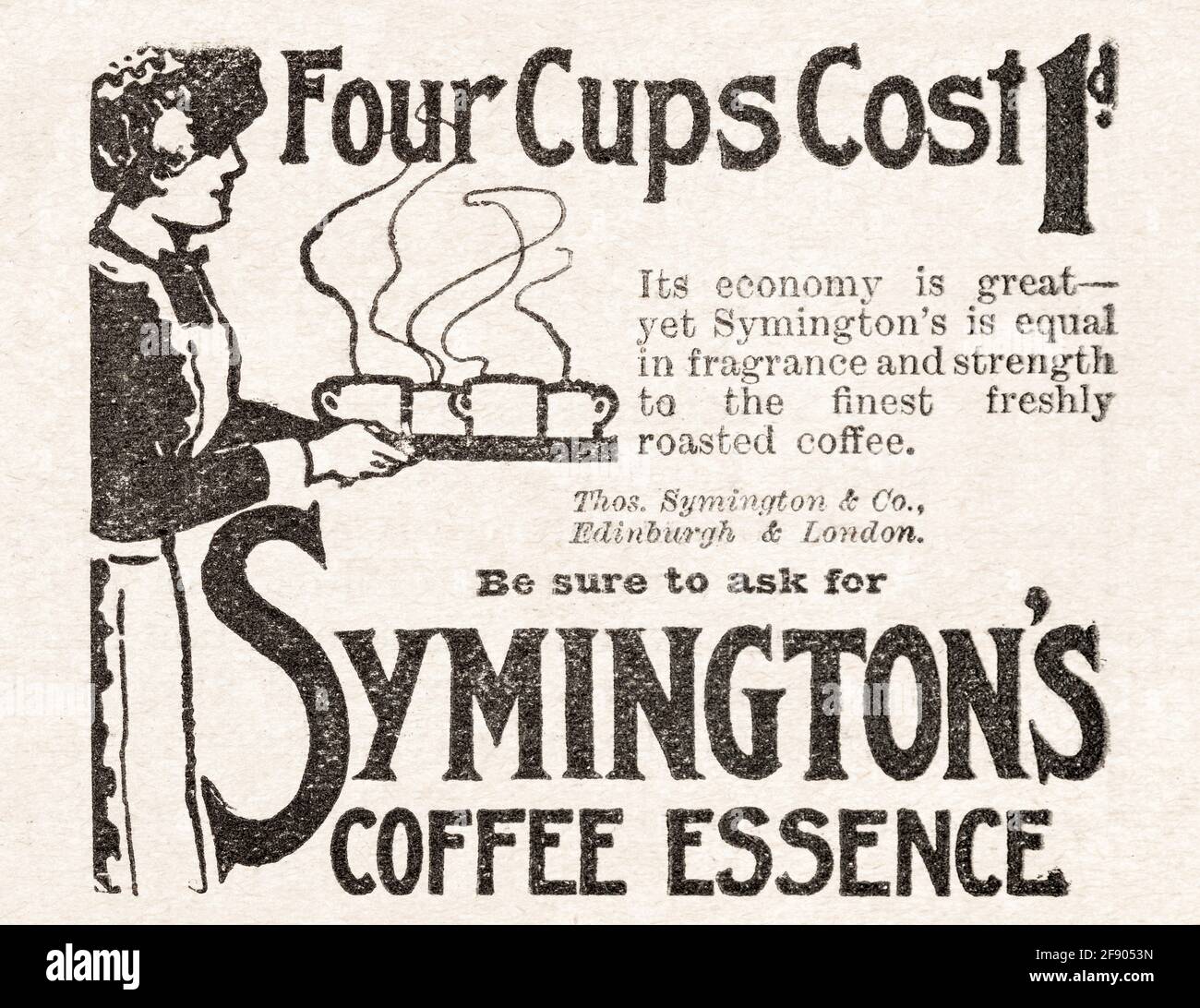 Old vintage Edwardian magazine advert for Symington's Coffee essence from 1912. History of advertising, history of coffee brands. Stock Photo