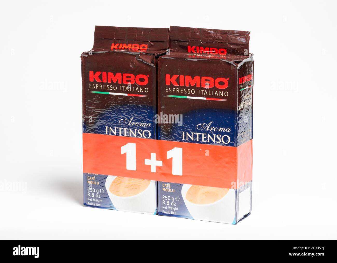 Kimbo Italian Espresso Coffee promotional double pack on white Stock Photo