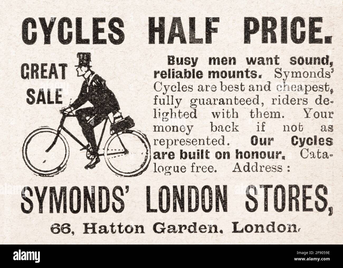 Old vintage Victorian Symonds' bicycle cycling advert from 1902 - pre advertising standards. History of advertising, old adverts, advertising history. Stock Photo