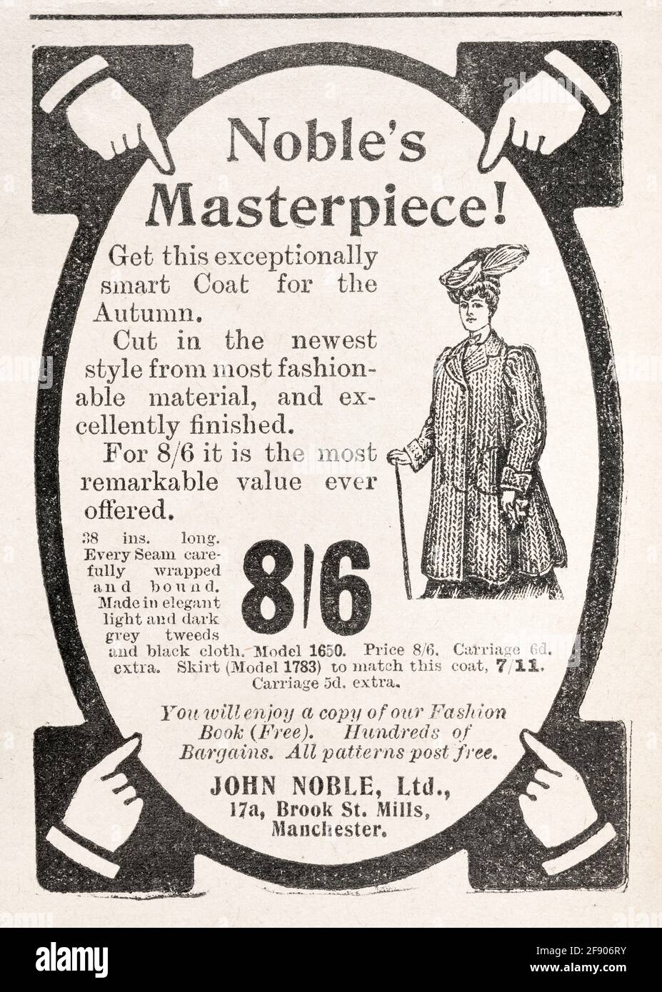 Old vintage Victorian newsprint clothes / fashion advert from 1906 - pre advertising standards. Old clothing advertising, old John Noble advert. Stock Photo