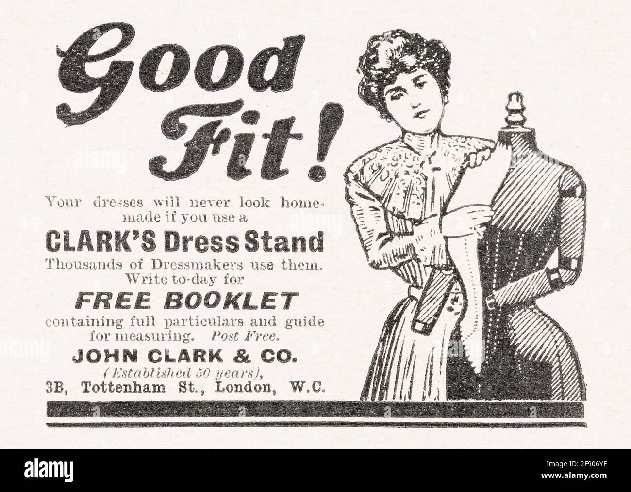 Old vintage Victorian newsprint clothes / fashion advert from 1906 - pre advertising standards. Old clothing advertising, old fashion advert. Stock Photo