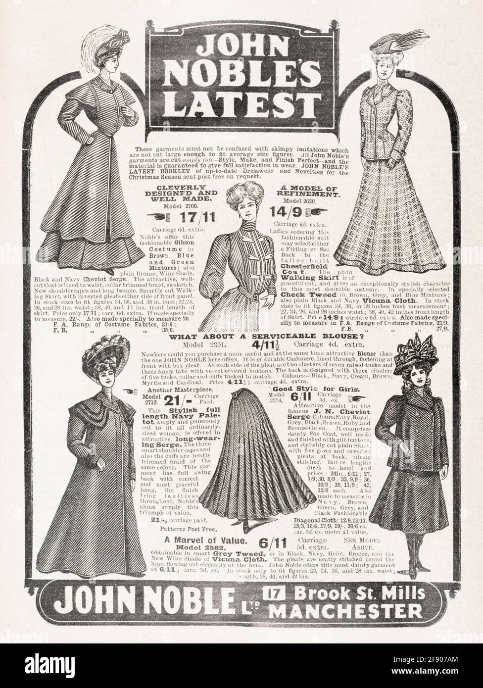 Old vintage Victorian newsprint clothes / fashion advert from 1907 - pre  advertising standards. Old clothing advertising, old John Noble advert  advert Stock Photo - Alamy
