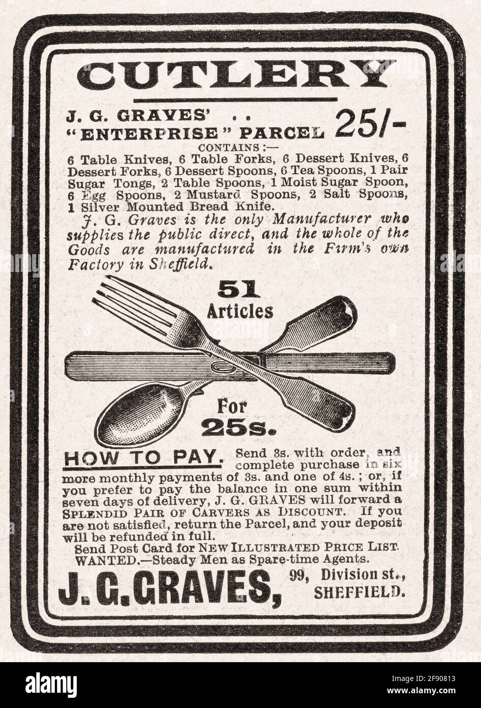 Old vintage Victorian magazine Sheffield cutlery advert from 1902 - before advertising standards. Metaphor good table manners & etiquette. Stock Photo