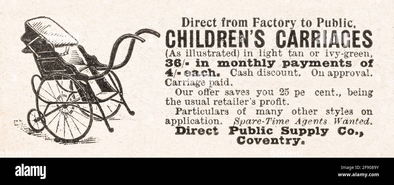 Old children's pram advert from 1902, before the dawn of advertising standards. History of advertising, old child care product adverts. Stock Photo