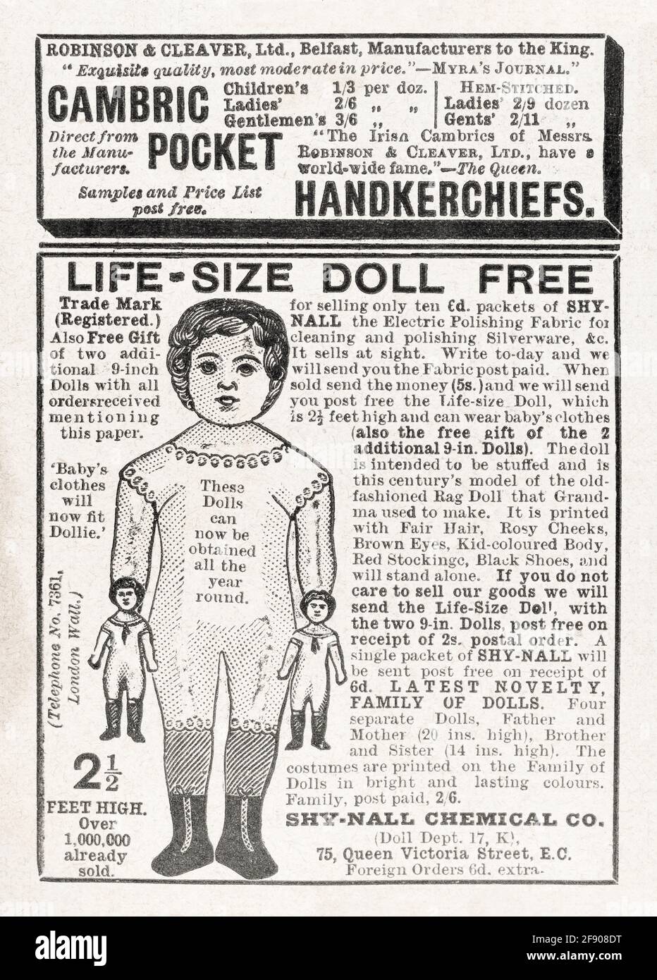 Old vintage Victorian doll advert and one for Robinson & Cleaver of Belfast from 1907. History of advertising, Victorian children's toys. Stock Photo