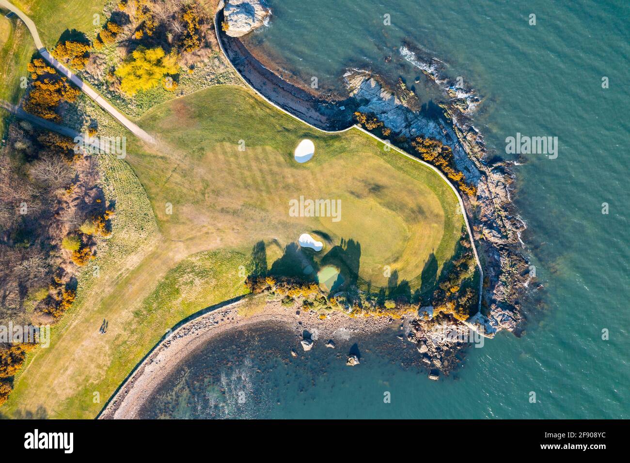 Aerial view from drone of first green at Aberdour Golf Course,  Fife , Scotland, UK Stock Photo