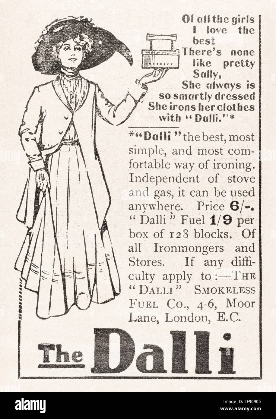 Old vintage Edwardian magazine advert for Dalli clothes iron from 1911. For old laundry equipment, Victorian domestic household life. Stock Photo