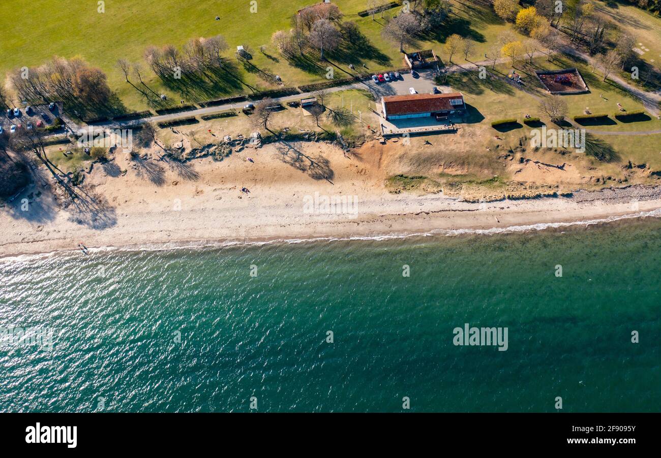 Aerial view from drone of Silversands Beach in Aberdour, Fife , Scotland, UK Stock Photo