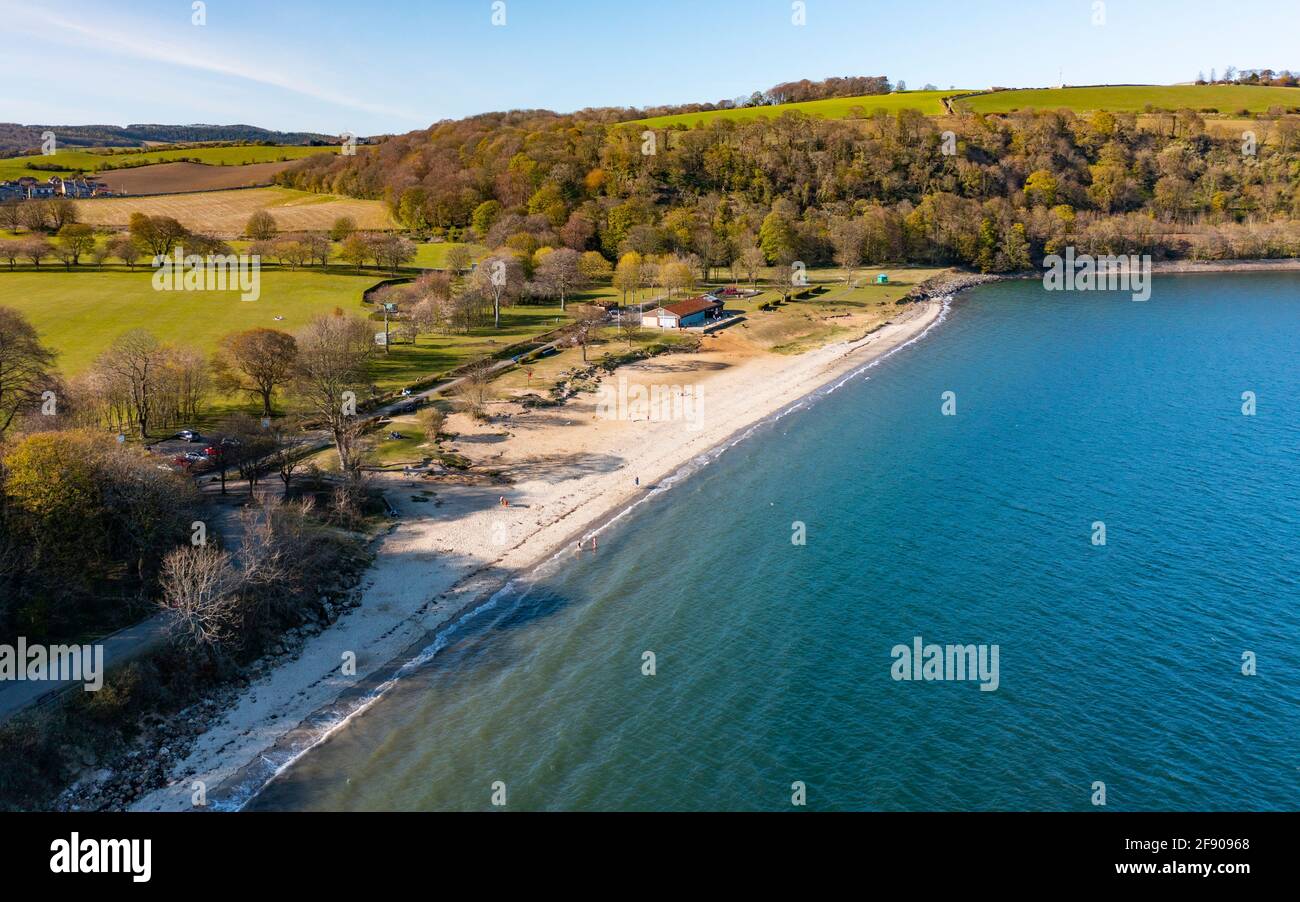 Aerial view from drone of Silversands Beach in Aberdour, Fife , Scotland, UK Stock Photo