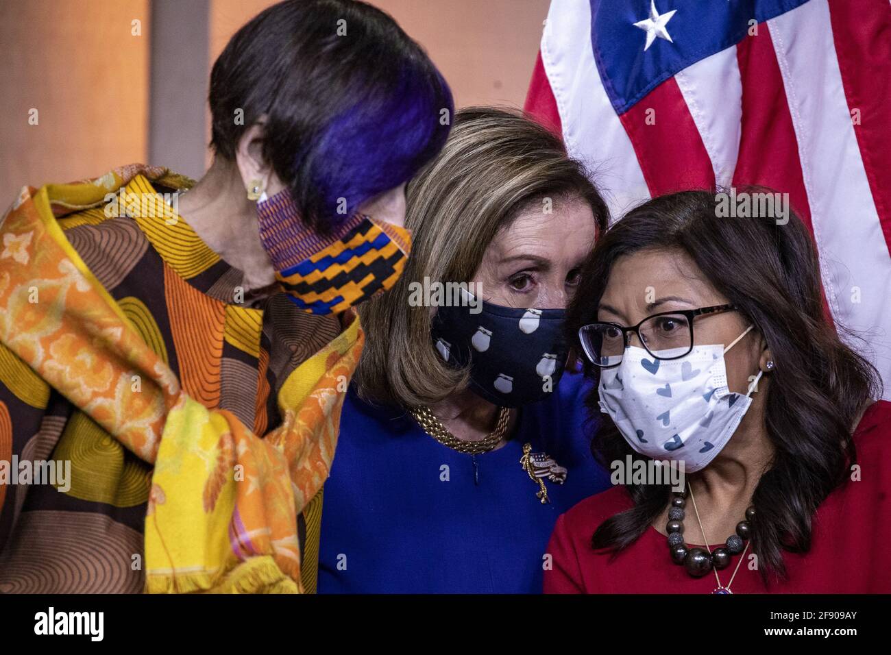 Washington, United States. 15th Apr, 2021. Rep. Rosa DeLauro, D-CT, (L), Speaker of the House Nancy Pelosi, D-CA., (C) and Rep. Norma Torres, D-CA., talk during a press conference at the U.S. Capitol in Washington, DC on Thursday April 15 2021. Speaker Pelosi spoke on the Paycheck fairness act and said that women make only 82 cents for every dollar a man earns. Photo by Tasos Katopodis/UPI Credit: UPI/Alamy Live News Stock Photo