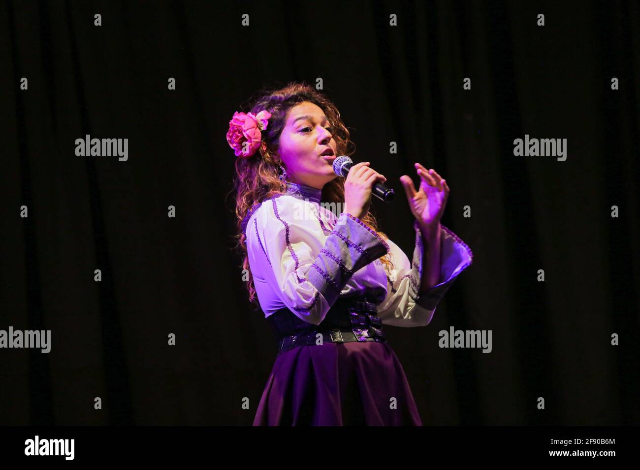 The singer Paloma Munguía Meneses during her presentation with popular ranchera music at the La Matraka theater company forum on April 10, 2021 in Hermosillo Sonora, Mexico ... (Photo by Luis Gutierrez / Norte Photo)  La cantante Paloma Munguía Meneses durante su presentacion con música popular ranchera en el foro de la compañía de teatro La Matraka el 10 Abril 2021 en Hermosillo Sonora, Mexico... (Photo by Luis Gutierrez/ Norte Photo) Stock Photo