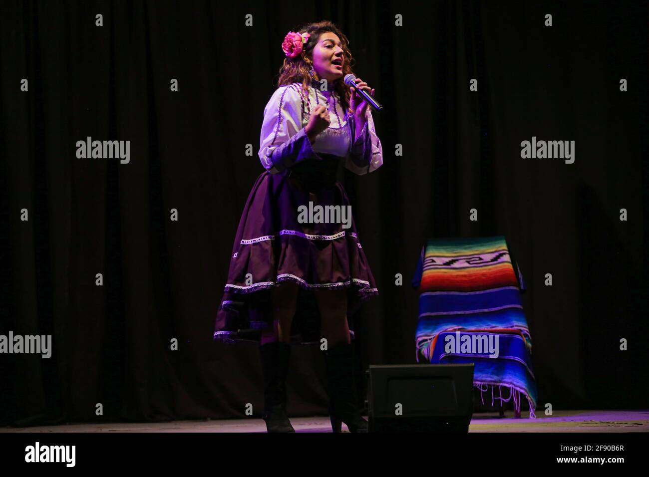 The singer Paloma Munguía Meneses during her presentation with popular ranchera music at the La Matraka theater company forum on April 10, 2021 in Hermosillo Sonora, Mexico ... (Photo by Luis Gutierrez / Norte Photo)  La cantante Paloma Munguía Meneses durante su presentacion con música popular ranchera en el foro de la compañía de teatro La Matraka el 10 Abril 2021 en Hermosillo Sonora, Mexico... (Photo by Luis Gutierrez/ Norte Photo) Stock Photo