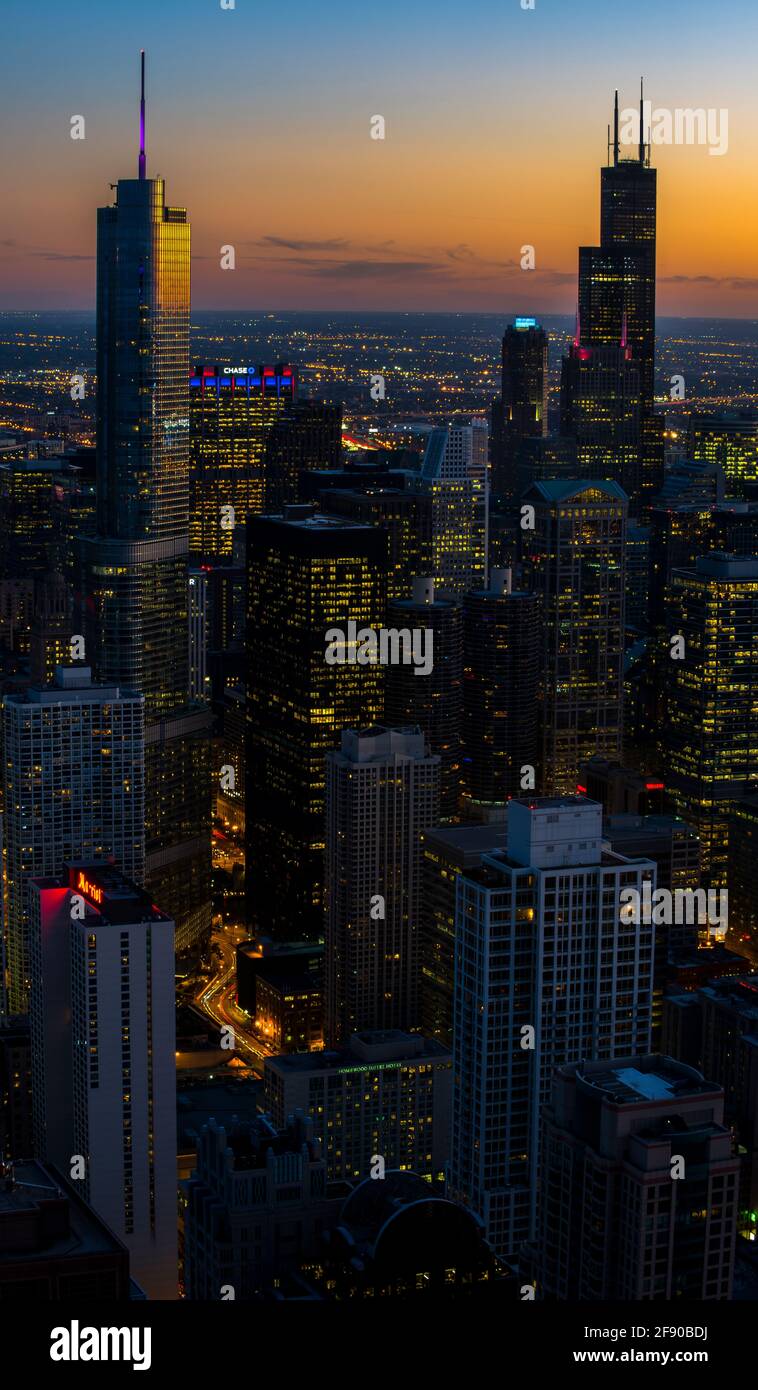 Cityscape with aerial view of Chicago at dusk, Illinois, USA Stock Photo