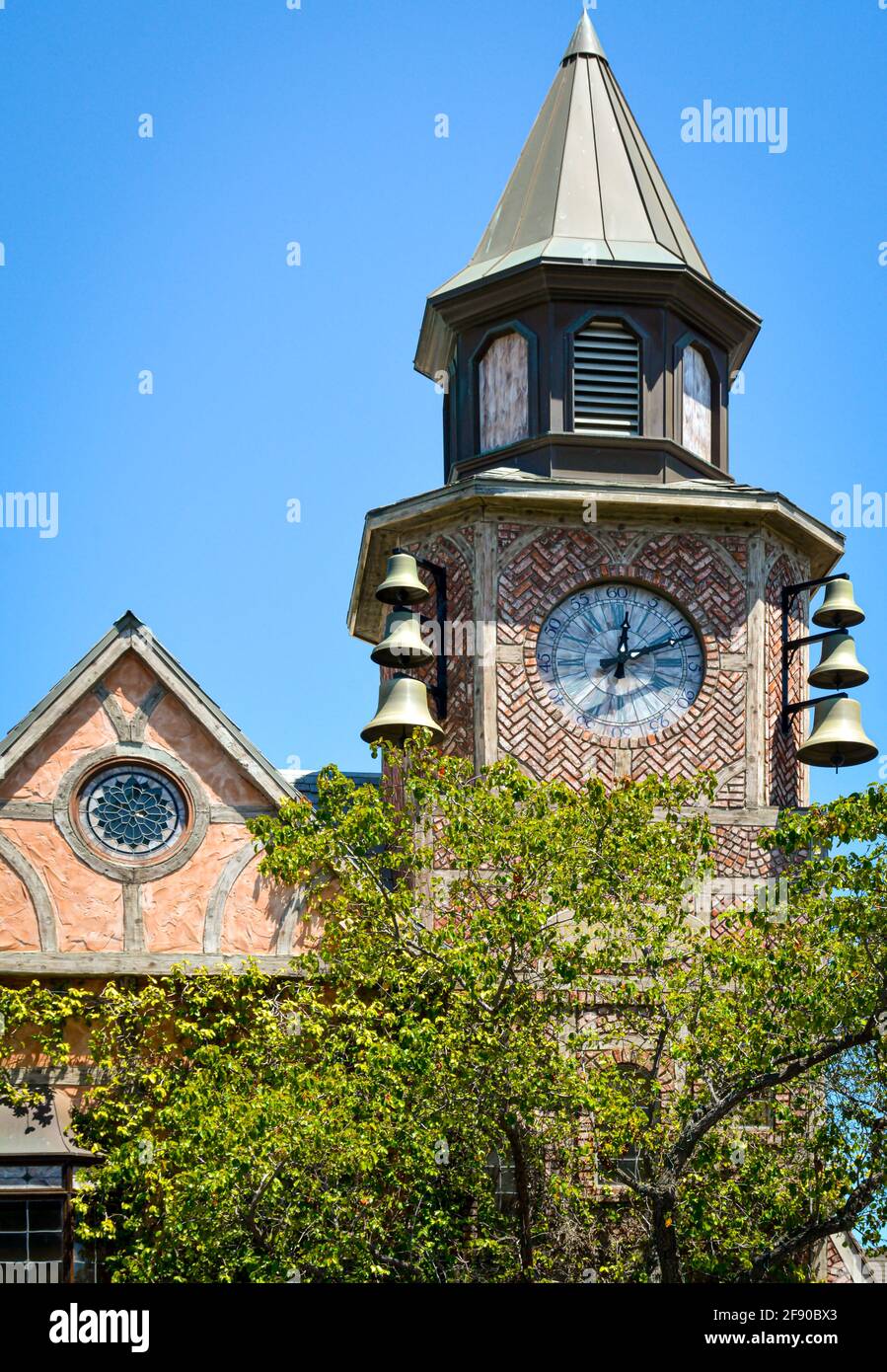Architectural details of whimsey and texture of the Old Mill House Clock Tower building in Solvang, CA , USA Stock Photo