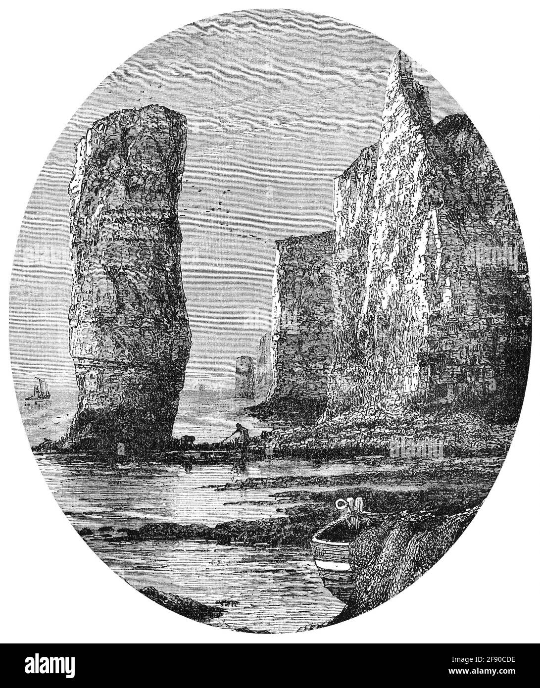 1887 vintage engraving of the Old Harry Rocks, chalk rock formations at Handfast Point on the Isle of Purbeck in Dorset, England. Stock Photo