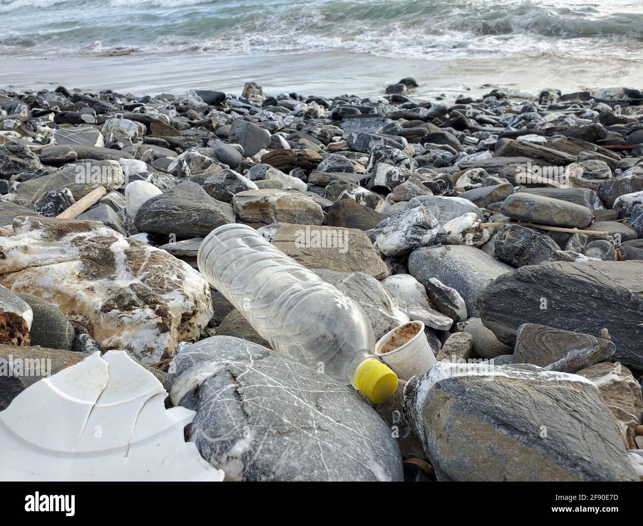 Marine sea ecosystem contaminated with plastic debris pollution,environmental wate contamination Stock Photo