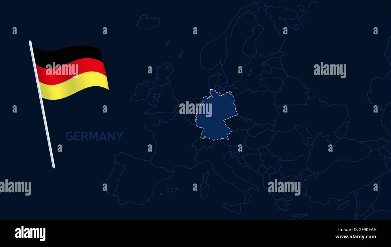 germany on europe map vector illustration. High quality map Europe with borders of the regions on dark background with national flag. Stock Vector