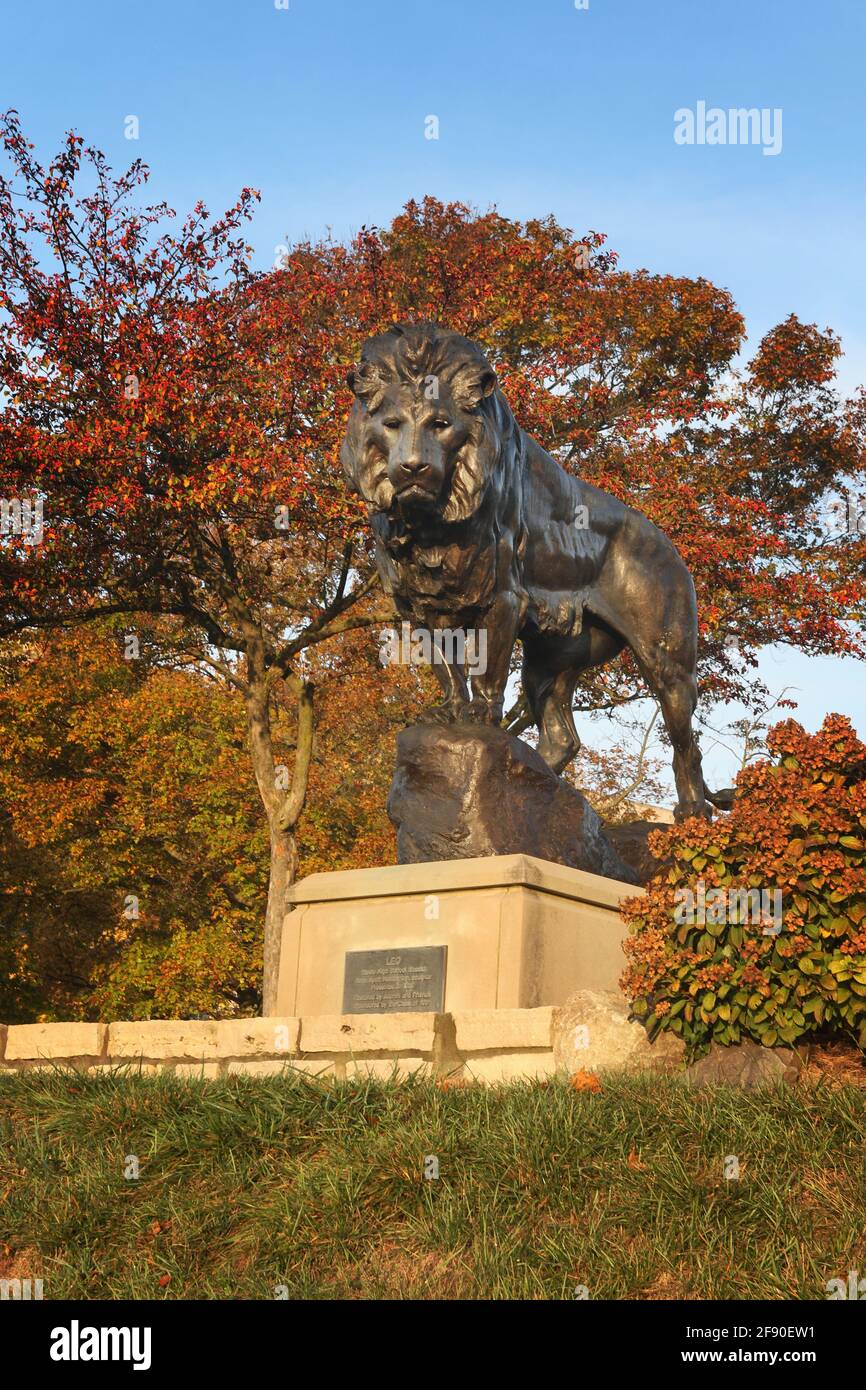 Leo the Lion statue. On the lawn of the Dayton Art Museum. Dayton, Ohio, USA. Plaque says "LEO