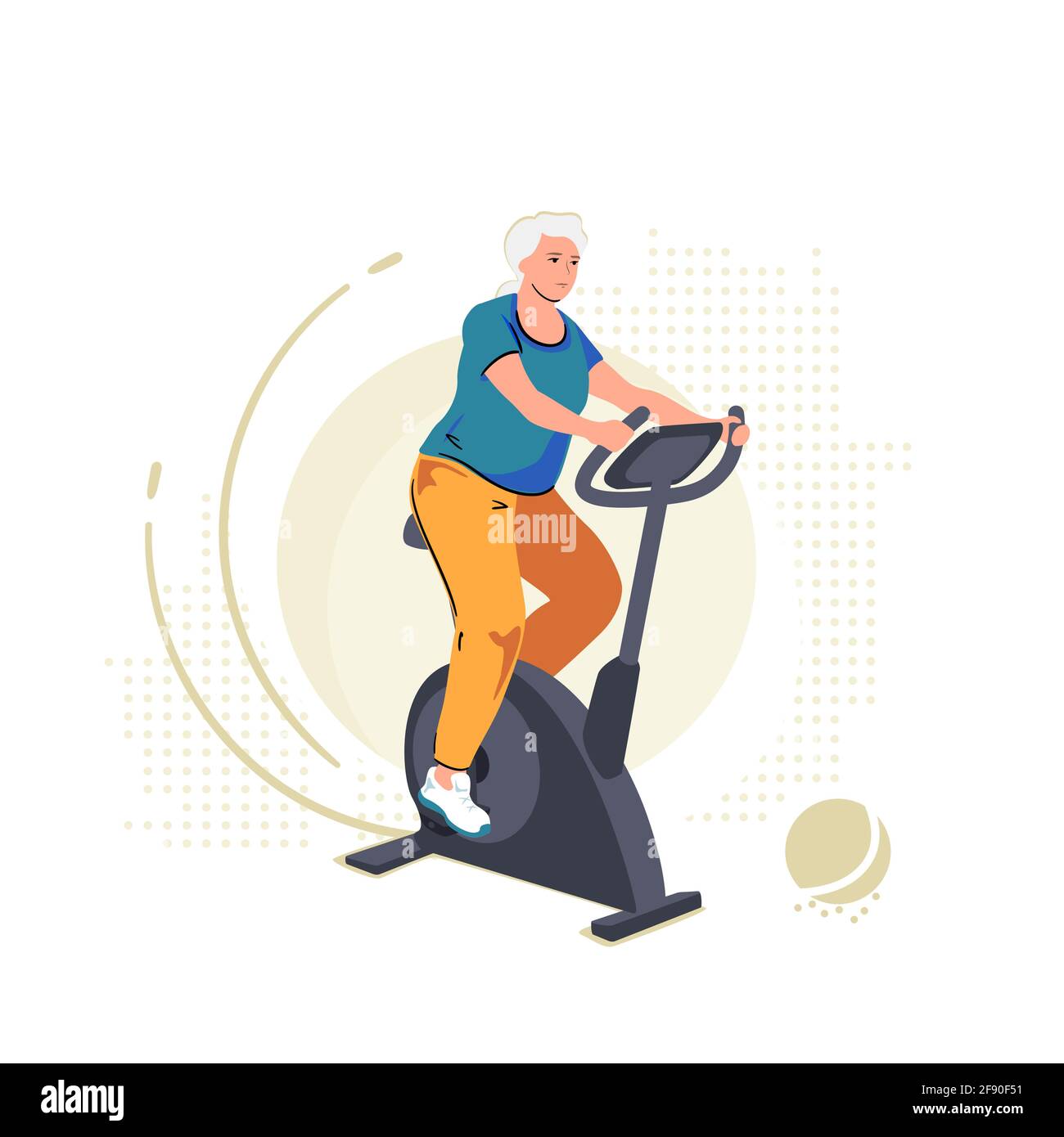 Elderly senior woman on exercise bike. Home workout training on stationary bicycle. Sport indoor retirement, active mature pensioner illustration Stock Vector