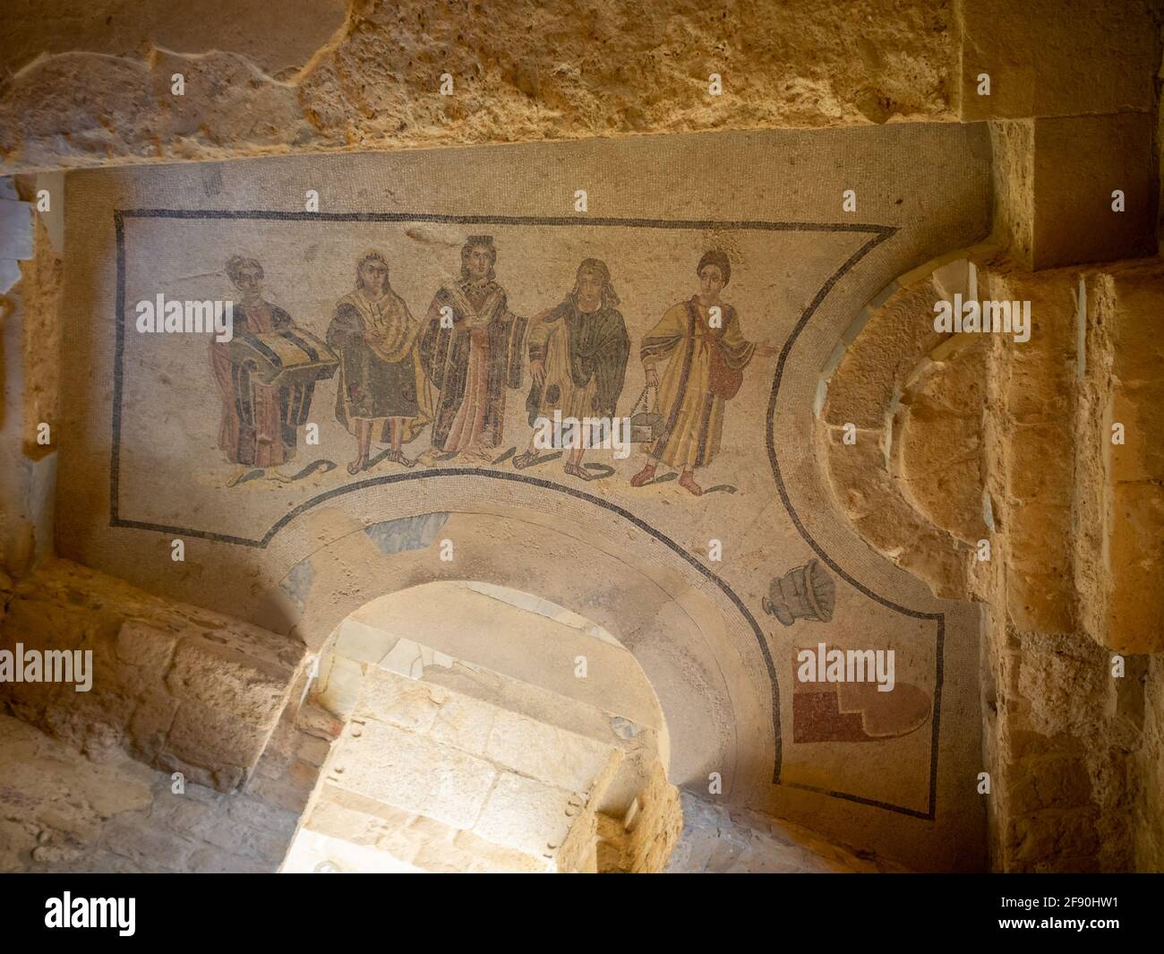 Mosaic at the entrance to the baths of Villa Romana del Casale Stock Photo